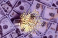 Burning light bulb on dollars background, expensive electricity,the effect of the collapse Royalty Free Stock Photo