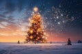 Burning lights of a New Year tree on a snowy field at night dot Christmas illustration of the New Year holidays. Royalty Free Stock Photo