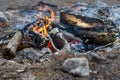 Burning log of wood close-up as abstract background, the hot embers of burning wood log fire Royalty Free Stock Photo