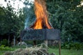 Burning logs in a brazier. Picnic time Royalty Free Stock Photo