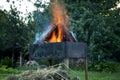 Burning logs in a brazier. Picnic time Royalty Free Stock Photo