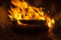 burning logs in the fire of a barbecue or stove or fireplace Royalty Free Stock Photo