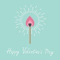 Burning love match with pink fire light shining sunlight effect. Flat design style. Happy Valentines day