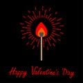 Burning love match with red and orange fire light shining sunlight effect. Flat design style. Happy Valentines day