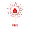 Burning love match with red and orange fire light shining sunlight effect. Isolated Flat design style.