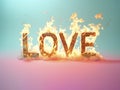 Burning love minimal background. Wooden letters on fire