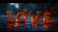 Burning love text on dark background. Love concept. 3D Rendering