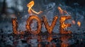 Burning love word with flames on dark background. Love concept