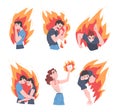 Burning Man and Woman Character Feeling Anger and anguish Vector Set