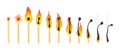 Burning match animation. Burn matches stages, burned flame matchstick row wood ignition flammable stick animated gif Royalty Free Stock Photo