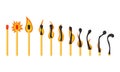 Burning match animation and flame ignite wooden stick. Matchstick fire sequence isolated icon set. Cartoon burnt step and element Royalty Free Stock Photo