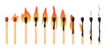 Burning match animation kit. Wood whole matchstick with sulfur head flaming stages from ignition to extinction. Sequence Royalty Free Stock Photo