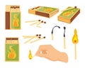Burning match boxes. Cartoon matchstick in matchbox, matchbook matches burn wooden stick fire heat arson wood dark
