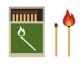 Burning match with fire, opened matchbox, burnt matchstick isolated on white background. Vector illustration Royalty Free Stock Photo