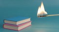 Burning match ignites stack of books symbolizing knowledge destruction and change Royalty Free Stock Photo