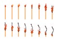 Burning match. Key frame animation of burning flame on matchstick exact vector illustrations of burnout stages Royalty Free Stock Photo