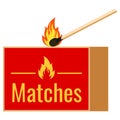 Burning match and matchbox flat design icon isolated on white background. Royalty Free Stock Photo