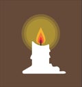 Burning melting wax candle isolated on a brown background. Vector illustration in cartoon simple flat style