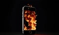 Burning mobile phone in plain black background. Generative AI