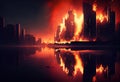 The burning modern city. Generate Ai. Royalty Free Stock Photo