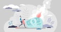 Burning money vector illustration. Financial fire flat tiny persons concept.