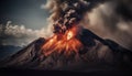 Burning mountain erupts, destroying environment with smoke and ash pollution generated by AI