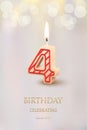 Burning number 4 birthday candle with birthday celebration text on light blurred background. Vector fourth birthday