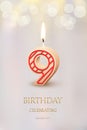Burning number 9 birthday candle with birthday celebration text on light blurred background. Vector nineth birthday Royalty Free Stock Photo