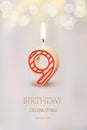 Burning number 9 birthday candle with birthday celebration text on light blurred background. Vector nineth birthday