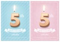 Burning number 5 birthday candle with vintage ribbon and birthday celebration text on textured blue and pink backgrounds