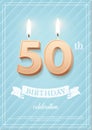 Burning number 50 birthday candle with vintage ribbon and birthday celebration text on textured blue background in