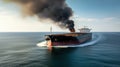 Burning oil cargo tanker in the ocean, sea. Export import of goods. Commercial delivery. AI generated.