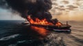 Burning oil cargo tanker in the ocean, sea. Export import of goods. Commercial delivery. AI generated.