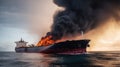 Burning oil cargo tanker in the ocean, sea. Export import of goods. Commercial delivery. AI generated.