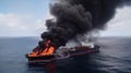 Burning oil cargo tanker in the ocean, sea. Export import of goods. Commercial delivery. AI generated.