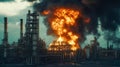 Burning oil refinery with huge fire and smoke, industrial disaster Royalty Free Stock Photo