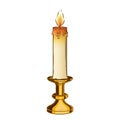 Burning old candle and vintage brass candlestick isolated on a white background. Color line art. Retro design.