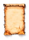 Burning old paper scroll on white background with flames Royalty Free Stock Photo