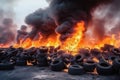 Burning old tires at a recycling dump. Black smoke from a tire fire. Wheel tire processors. Air pollution