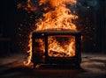 burning old TV on a black background with a bright flame and barely noticeable sparks