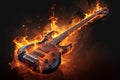 Burning orange bass guitar, diagonal position, fiery flames, musical intensity