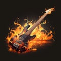 Burning orange bass guitar, diagonal position, fiery flames, musical intensity