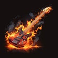 Burning orange bass guitar, diagonal position, fiery flames, musical intensity