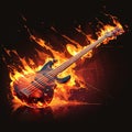 Burning orange bass guitar, diagonal position, fiery flames, musical intensity