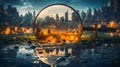 The burning outskirts of the city seen through a magnifying glass. Burning city. Generative AI