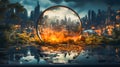 The burning outskirts of the city seen through a magnifying glass. Burning city. Generative AI