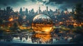 The burning outskirts of the city seen through a magnifying glass. Burning city. Generative AI