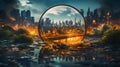 The burning outskirts of the city seen through a magnifying glass. Burning city. Generative AI