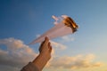 A hand holds a burning paper airplane in the background of the sky. Royalty Free Stock Photo