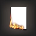 Burning paper, with fire flames, white paper blank